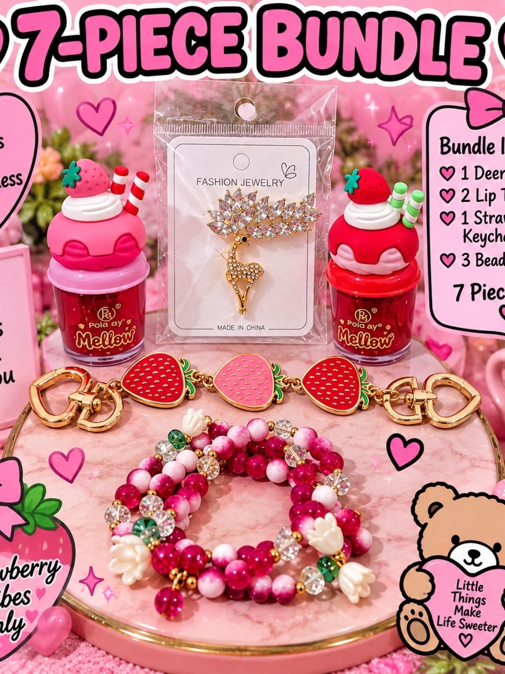 7 Peice Fashion Bundle Jewelry Pink Strawberry Charm Bracelet & Keychain Set